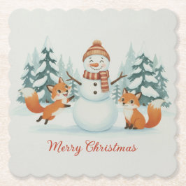 Cute Foxes and Snowman Merry Christmas Untersetzer