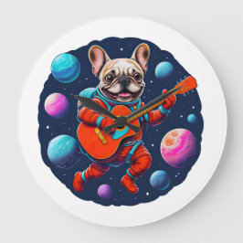 Cute French Bulldog Astronaut Playing Guitar – Fun Große Wanduhr