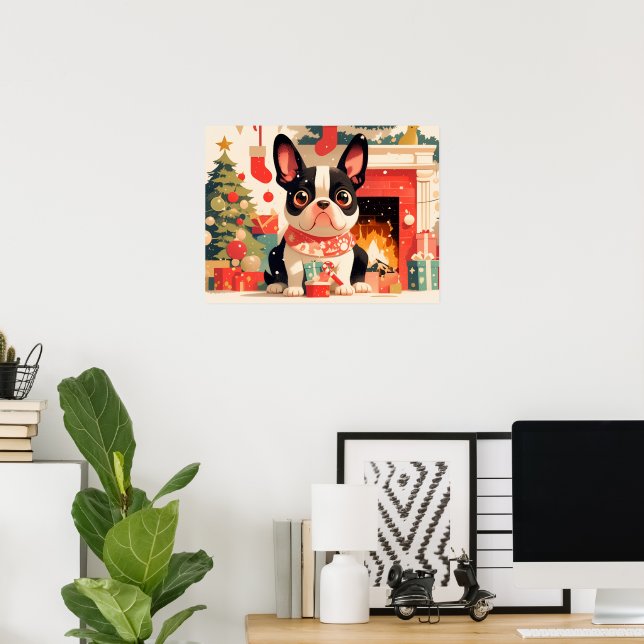 Cute French Bulldog by the Christmas Fireplace Poster (Heimbüro)