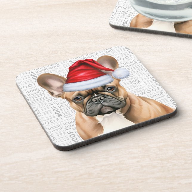 Cute French Bulldog in a Santa Hat Holiday Getränkeuntersetzer (Linke Seite)