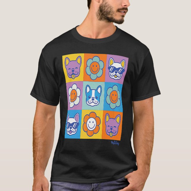 Cute French Bulldogs with Retro Smiling Daisy Flow T-Shirt (Vorderseite)