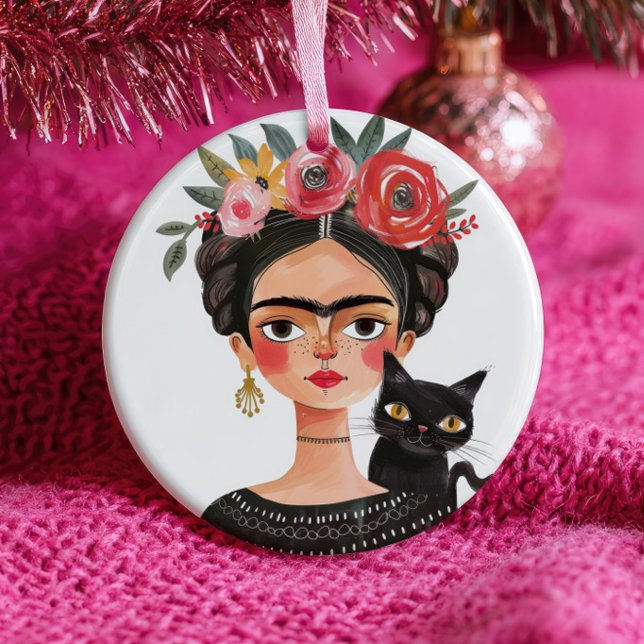 Cute Frida Kahlo& Black Cat Feline Pet Name& Photo Keramik Ornament (Von Creator hochgeladen)