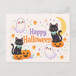 Cute Friendly Cats Ghosts Pumpkins Halloween  Feiertagspostkarte