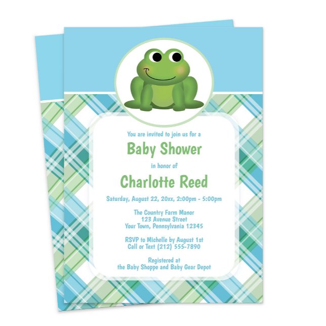 Cute Frog Blue Green Plaid Baby Shower Invitations (Créateur téléchargé)
