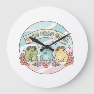 Cute Frog Club – Kawaii Pastell-Frösche Floral Süß Große Wanduhr