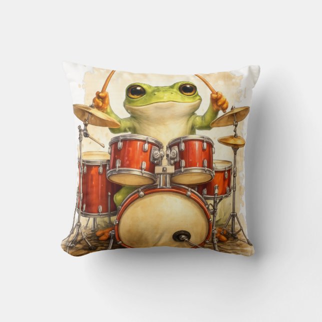 Cute Frog Drummer Throw Pillow – Fun Decor Kissen (Vorderseite)