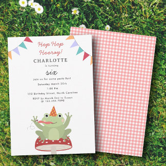 Cute Frog Hop Hop Hooray Mushroom Plaid Birthday Einladung