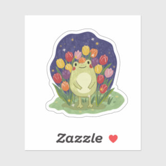 Cute Frog in a Tulip Garden at Night Illustration Aufkleber