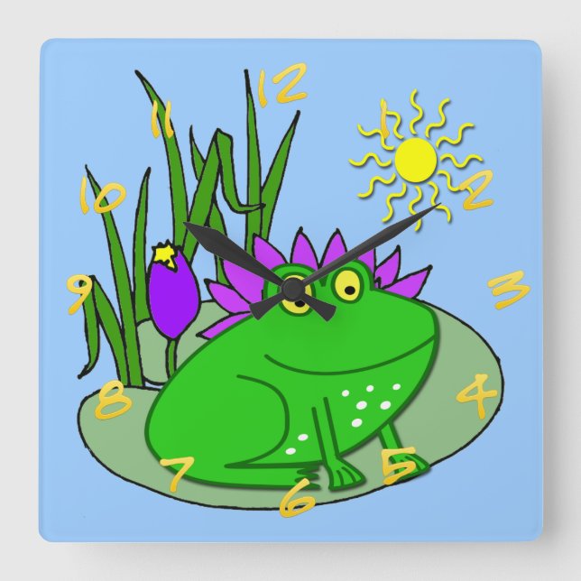 Cute Frog Kid's Square Wall Clock Quadratische Wanduhr (Vorderseite)