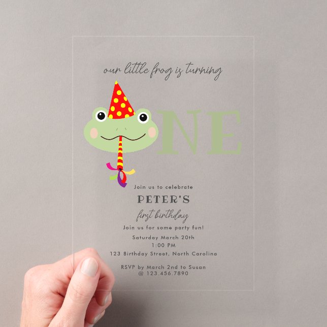Cute Frog Party Hat Kids First 1st Birthday Party Acryleinladungen (Insitu (Handheld))