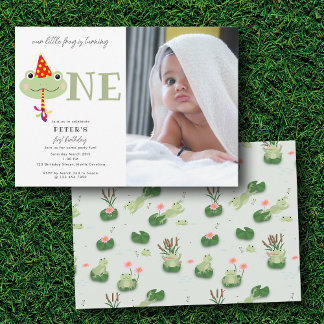 Cute Frog Party Hat Kids First 1st Birthday Photo Einladung