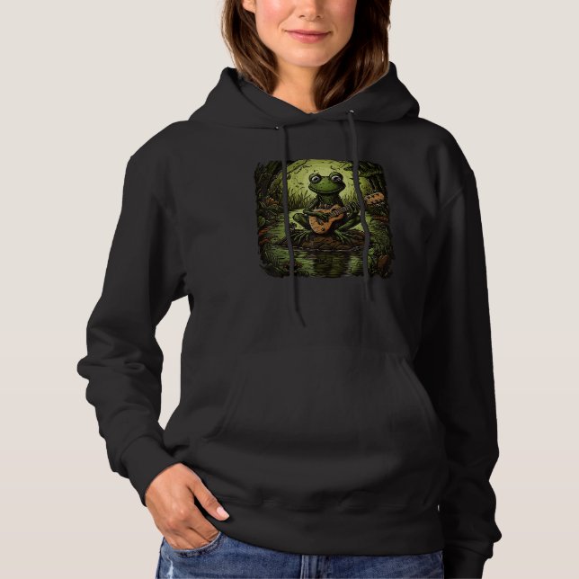 Cute Frog Playing Guitar Next To A Pond Men Women  Hoodie (Vorderseite)