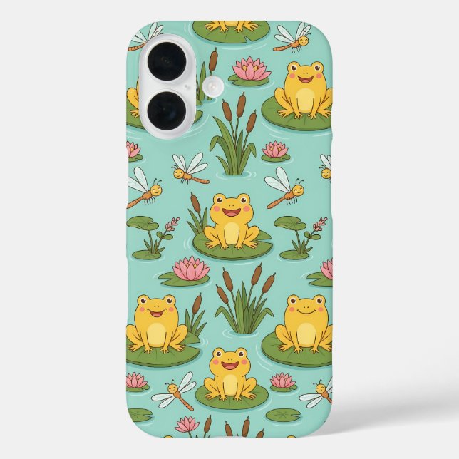Cute Frog Pond Pattern iPhone 16 Hülle (Rückseite)