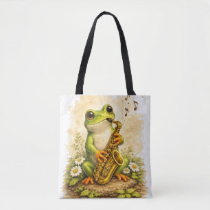 Cute Frog Saxophone Tote Bag Kawaii Music Tasche