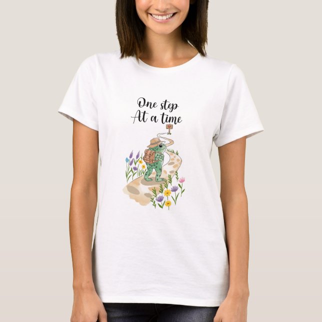 Cute Frog with Backpack One Step at a Time T-Shirt (Vorderseite)