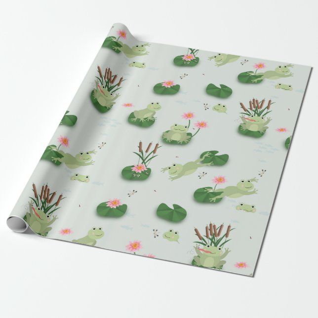 Cute Frogs in Lily Pond Geschenkpapier (Ungerollt)