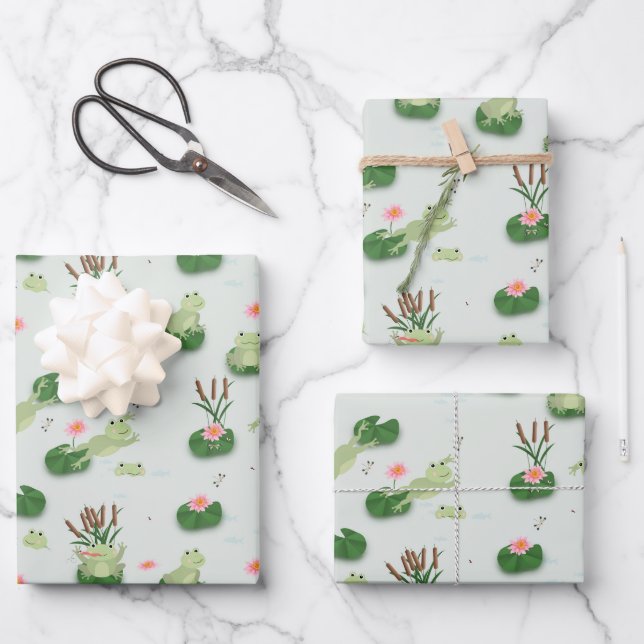 Cute Frogs in Lily Pond Geschenkpapier Set (Vorderseite)