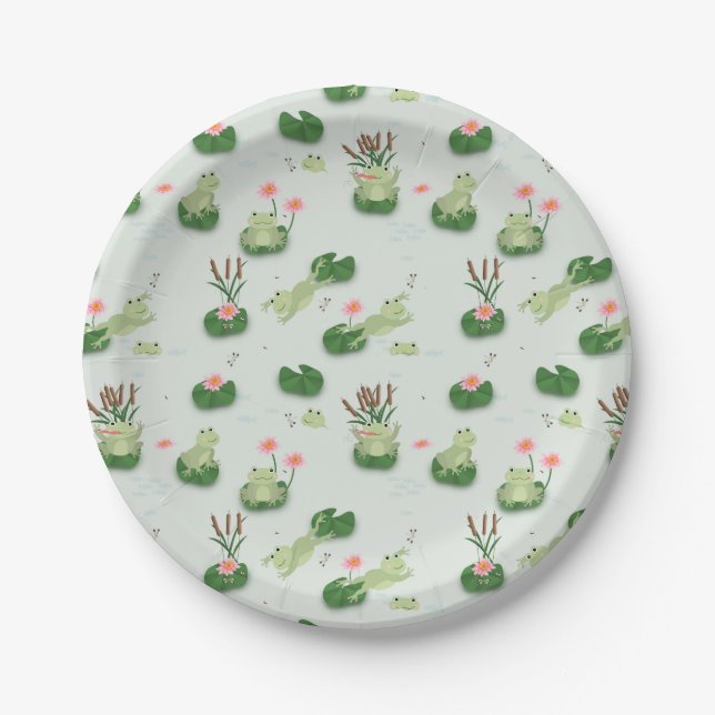 Cute Frogs in Lily Pond Pappteller (Vorderseite)