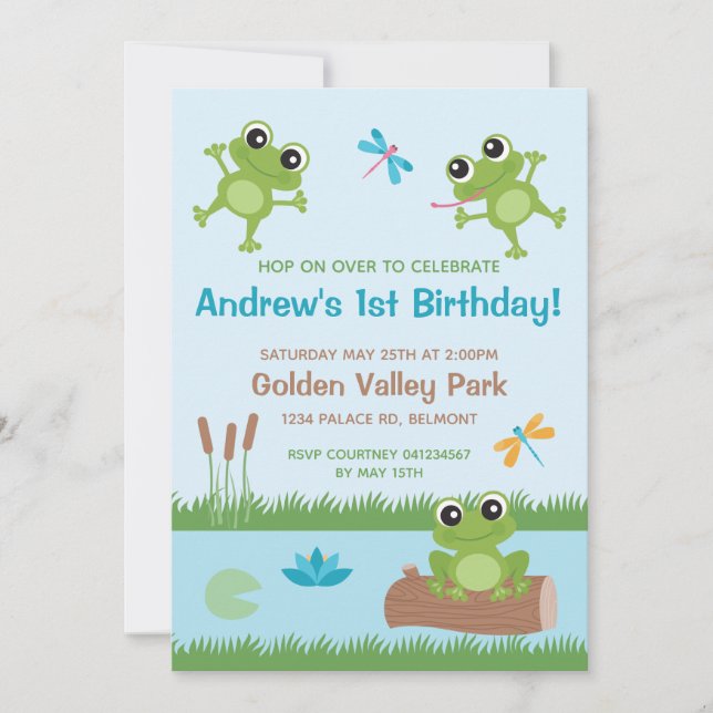 Cute Frogs in Pond Personnalisable Invitation (Devant)
