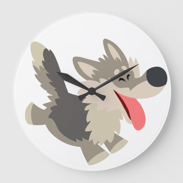 Cute Frolicsome Cartoon Wolf Wall Clock Große Wanduhr (Vorderseite)