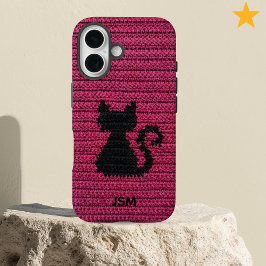 Cute Fuchsia Crochet Cat Custom Initial Monogram   iPhone 16 Hülle