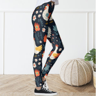 Cute Fun Marine Bleu Floral Poulet Hen Leggings