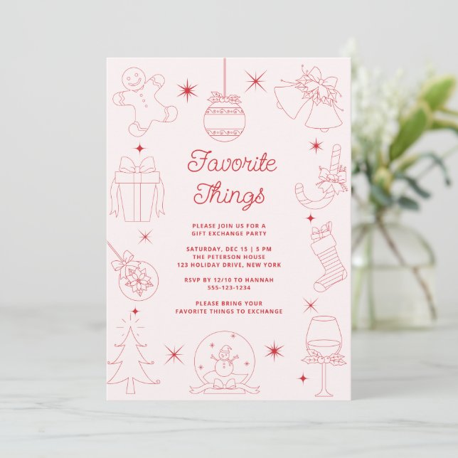Cute Fun Pink Hand Drawn Favorite Things Holiday Einladung (Stehend Vorderseite)