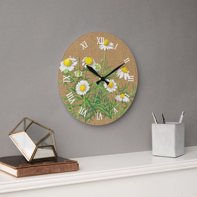 Cute Fun Vintage Chamomile Floral Große Wanduhr (Büro)