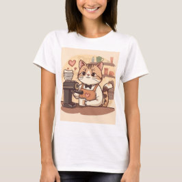 Cute Funny Barista Cat with Coffee T-shirt