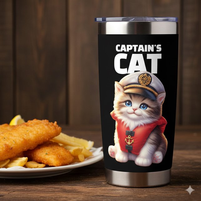 Cute Funny Captain's Cat in a Captain's Hat Thermobecher (Whimsical Captain's Cat in a Captain's Hat Stainless Steel Tumbler Cover Photo)
