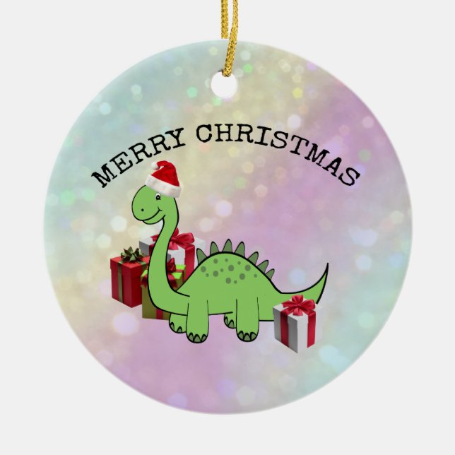 Cute funny Christmas Santa dinosaur holographic Keramik Ornament (Vorne)