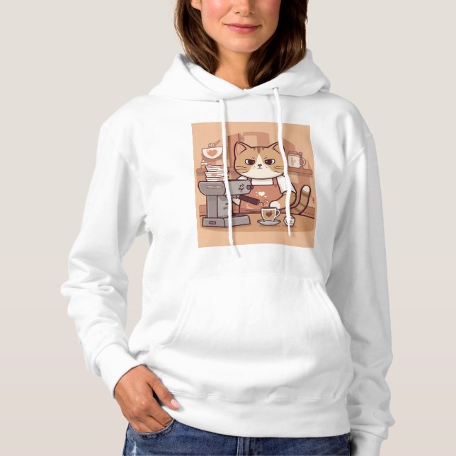 Cute Funny Cozy Barista Cat Hoodie T-shirt (Vorderseite)