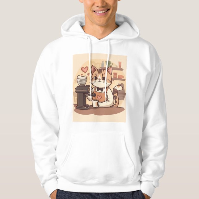 Cute Funny Cozy Cartoon Barista Cat Hoodie T-shirt (Vorderseite)
