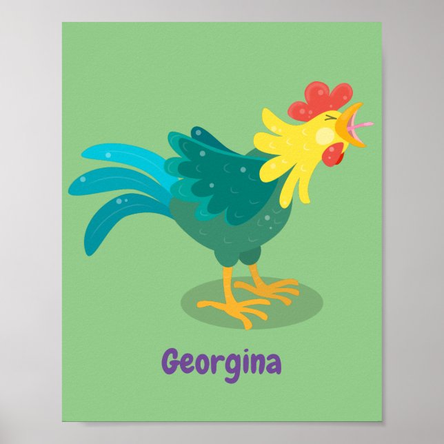 Cute funny crowing rooster cartoon illustration poster (Vorne)