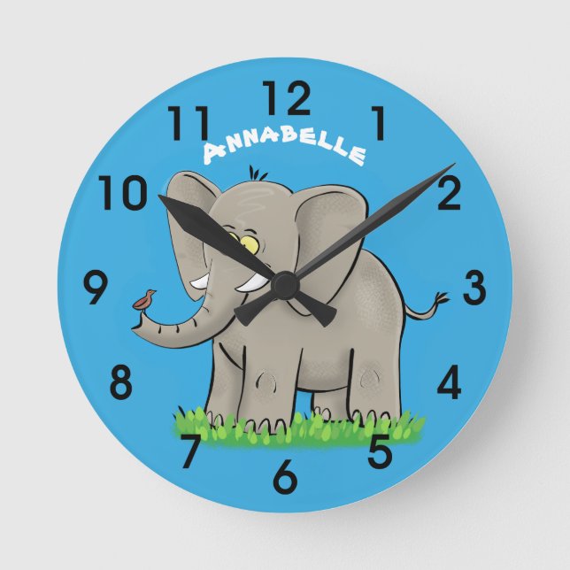 Cute funny elephant with bird on trunk cartoon runde wanduhr (Vorderseite)