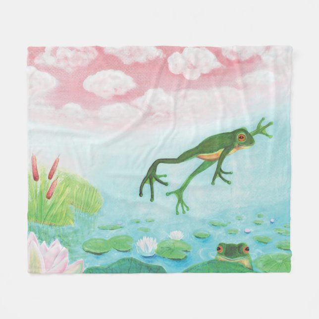 Cute Funny Frog Jumps Into The Pond   Baby Blanket Fleecedecke (Vorderseite (Horizontal))