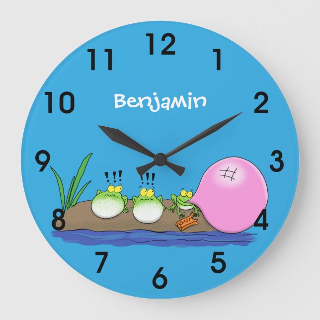 Cute funny frogs bubblegum cartoon illustration ro große wanduhr (Vorderseite)