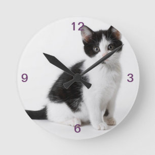 Cute Funny furry kitten black and white cat Runde Wanduhr