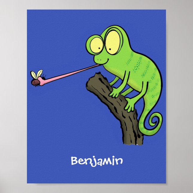 Cute funny green happy chameleon lizard cartoon poster (Vorne)