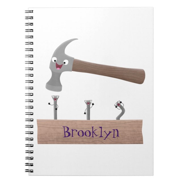 Cute, funny hammer and nails cartoon illustration notizblock (Vorderseite)