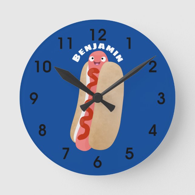 Cute funny hot dog Weiner cartoon  Runde Wanduhr (Vorderseite)