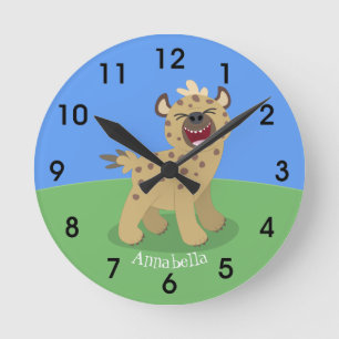Cute funny hyena laughing cartoon illustration runde wanduhr