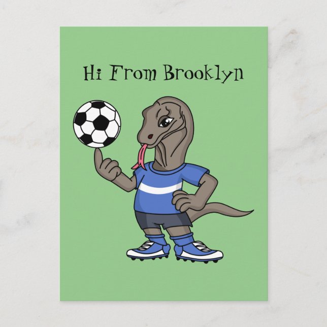 Cute funny Komodo dragon playing soccer cartoon Postkarte (Vorderseite)