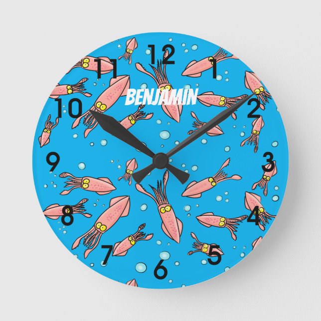 Cute funny pink squid cartoon pattern runde wanduhr (Vorderseite)