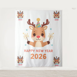 cute funny reindeer happy new year party backdrop wandteppich