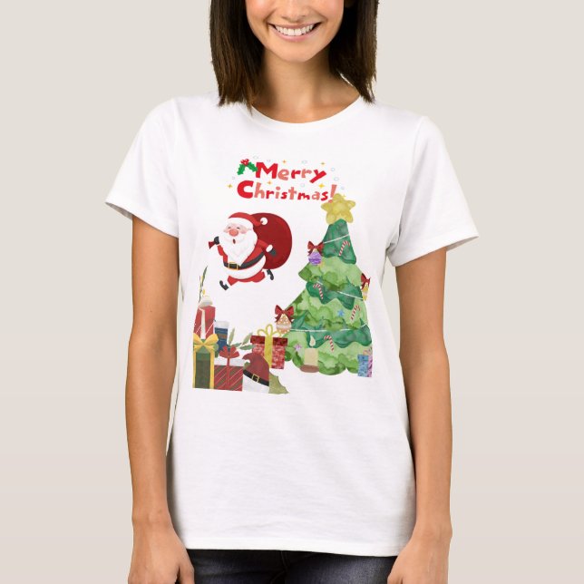 Cute & Funny Santa & Christmas Tree T-Shirt (Devant)