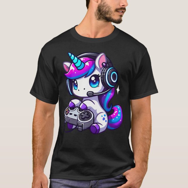 Cute Funny Unicorn Wearing Headphones Playing Vide T-Shirt (Vorderseite)