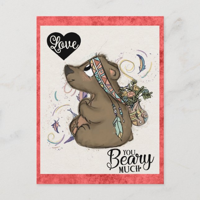 Cute Funny Valentines Jour Ours Floral Carte posta (Devant)