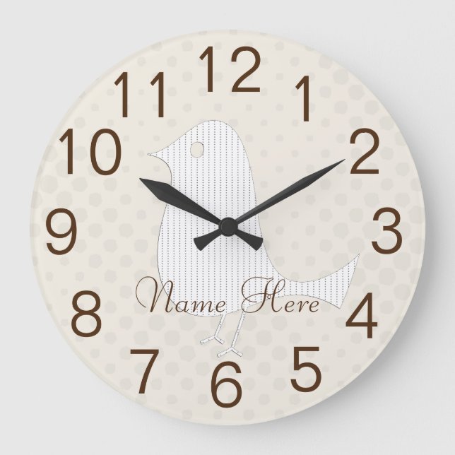 Cute Funny White Bird  Kids Add Name Wall  Clock Große Wanduhr (Vorderseite)