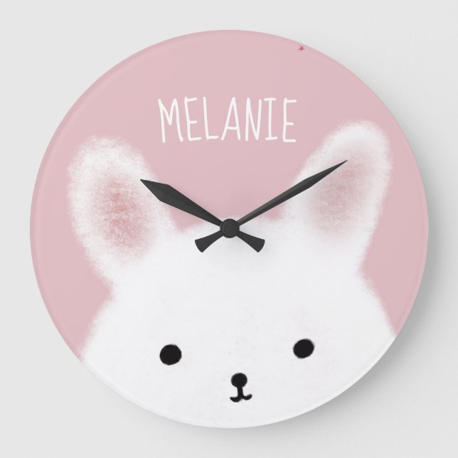 Cute Fuzzy Bunny Pink Personalised Große Wanduhr (Vorderseite)